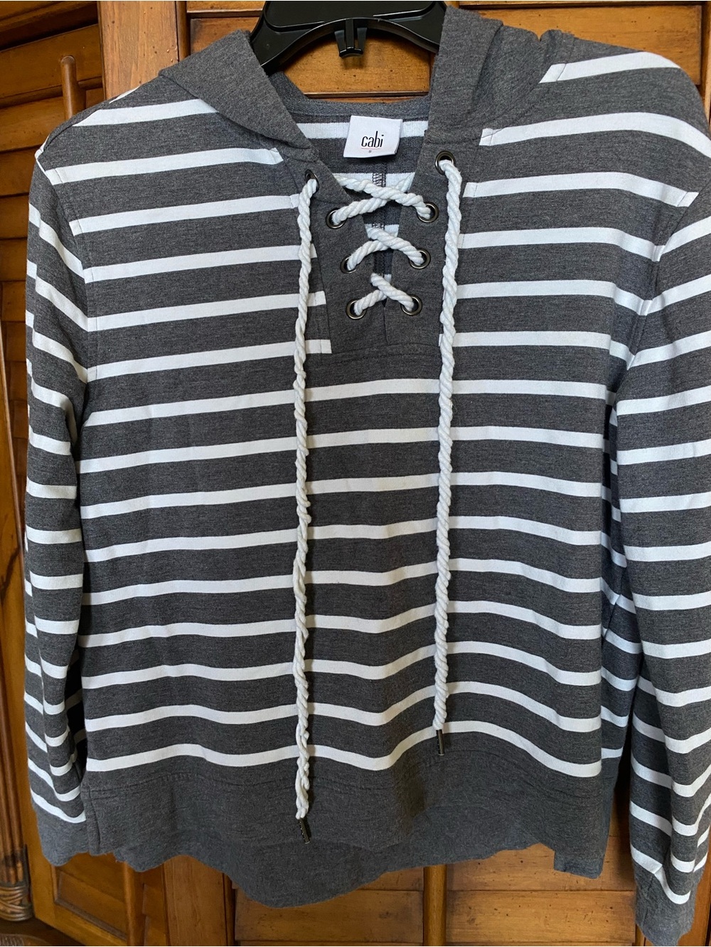 CAbi Gray & White Striped Lace-Up V-Neck Hoodie Sweater